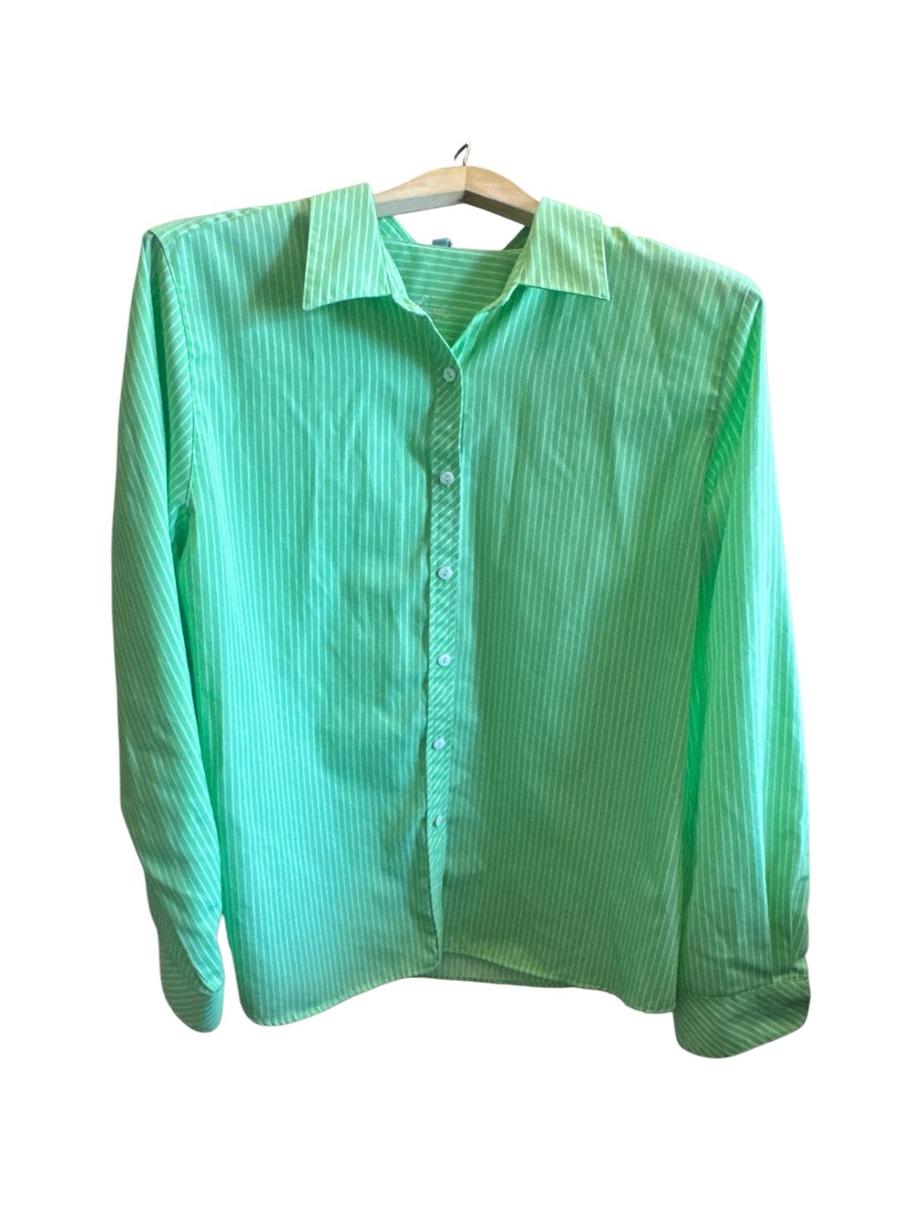 Foxcroft Womens Size 16 Lime Green & White Striped Button Up Casual Preppy Shirt